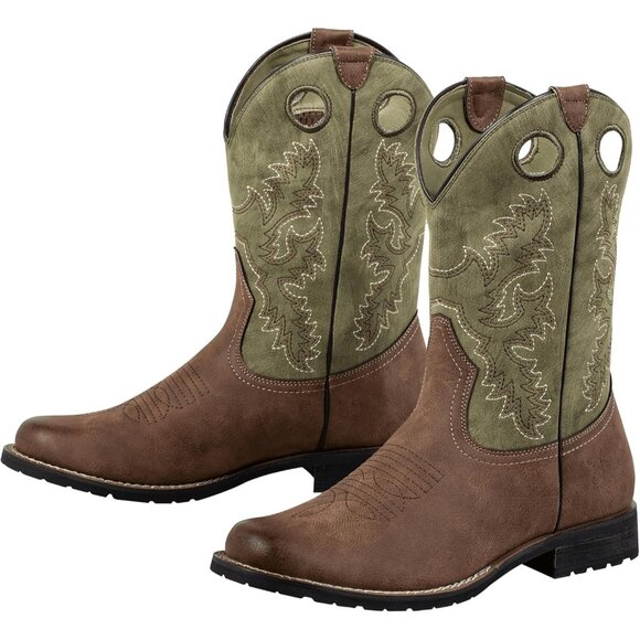 ⚡Men\'s Brown Cowboy Boots Round Toe Work Boot Slip On Pu Leather Embroidered main image 8